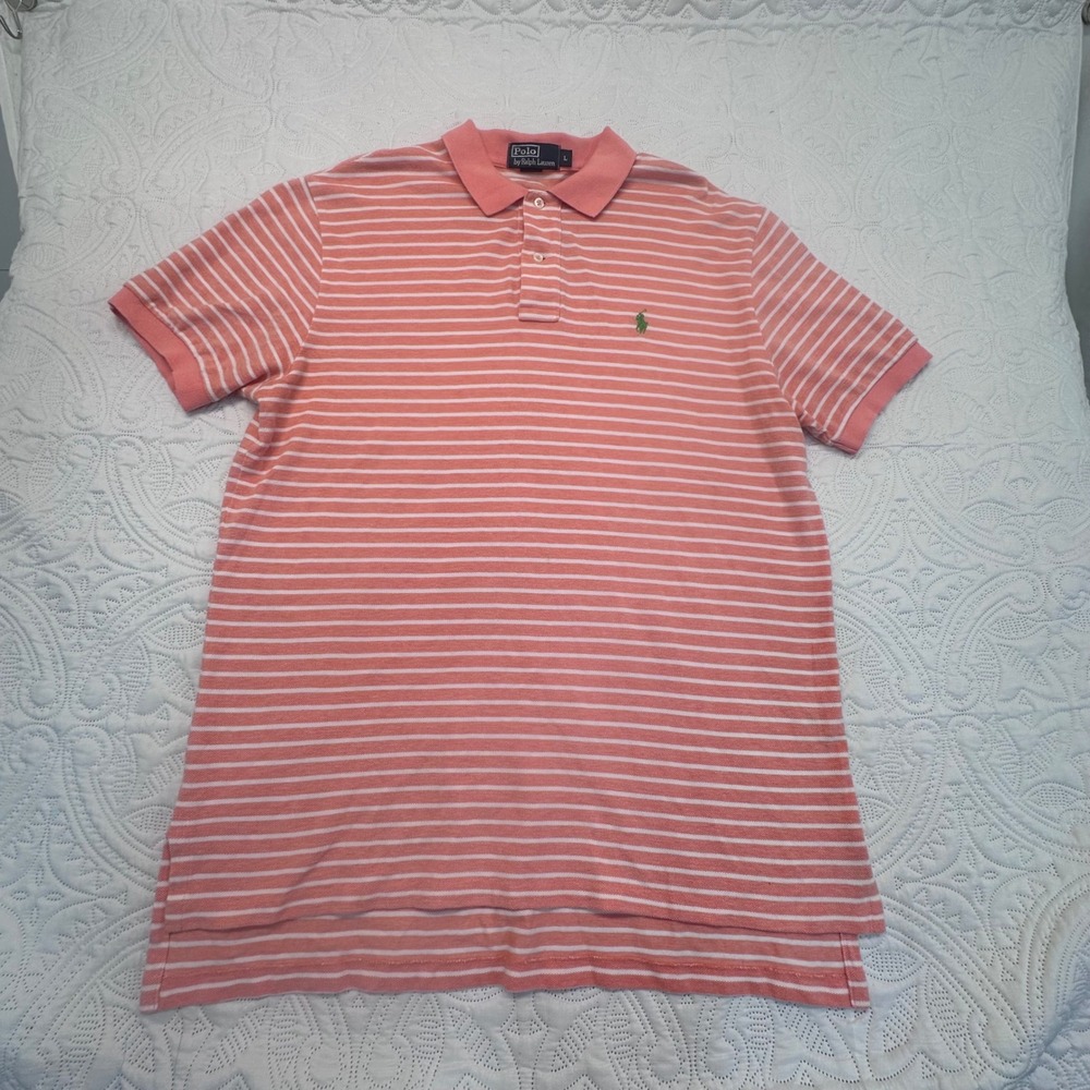 Polo Ralph‎ Lauren Mens Large Pink White Striped Short Sleeve Pique Polo Shirt